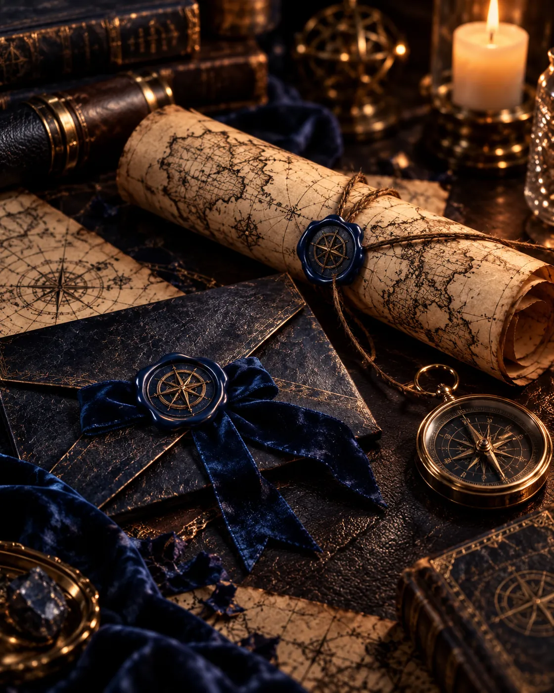 Rolled parchment map, compass and blue-sealed envelope