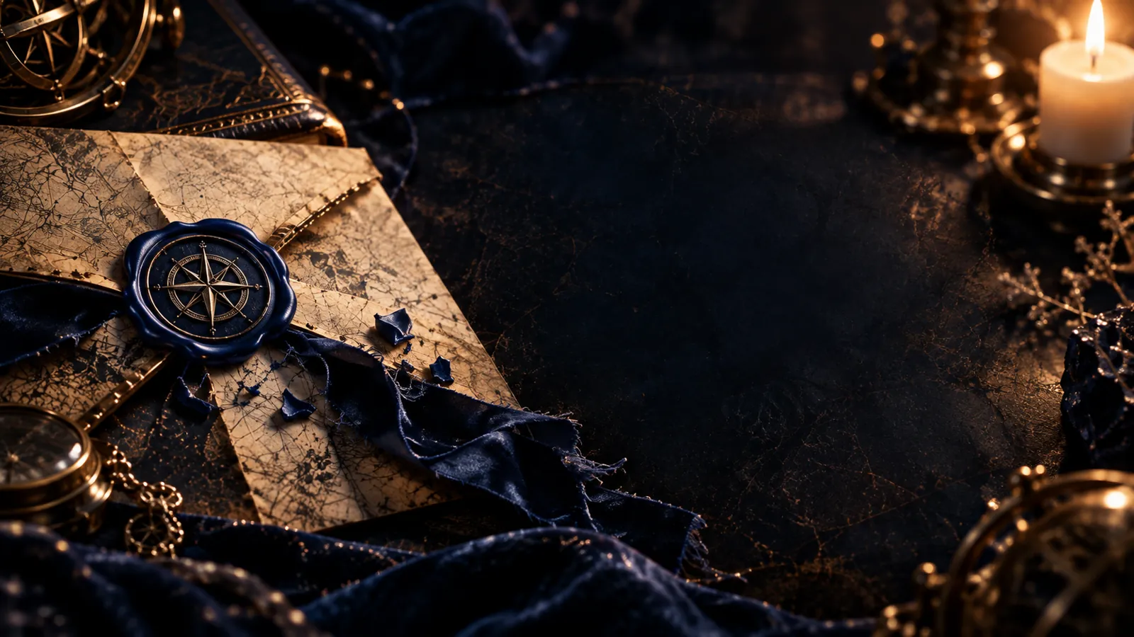 Blue compass wax seal on parchment beside a torn velvet ribbon