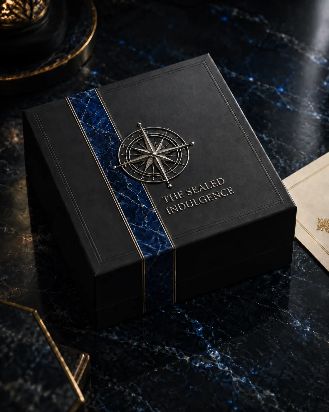 The Sealed Indulgence matte-black box with sapphire stone detailing and polished compass