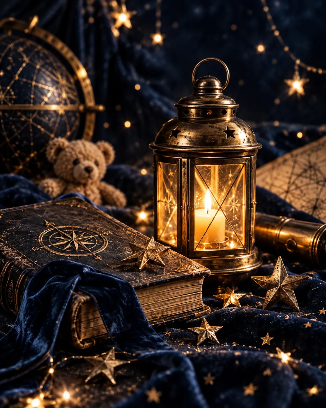 Warm lantern light, stars and storybook against midnight-blue velvet