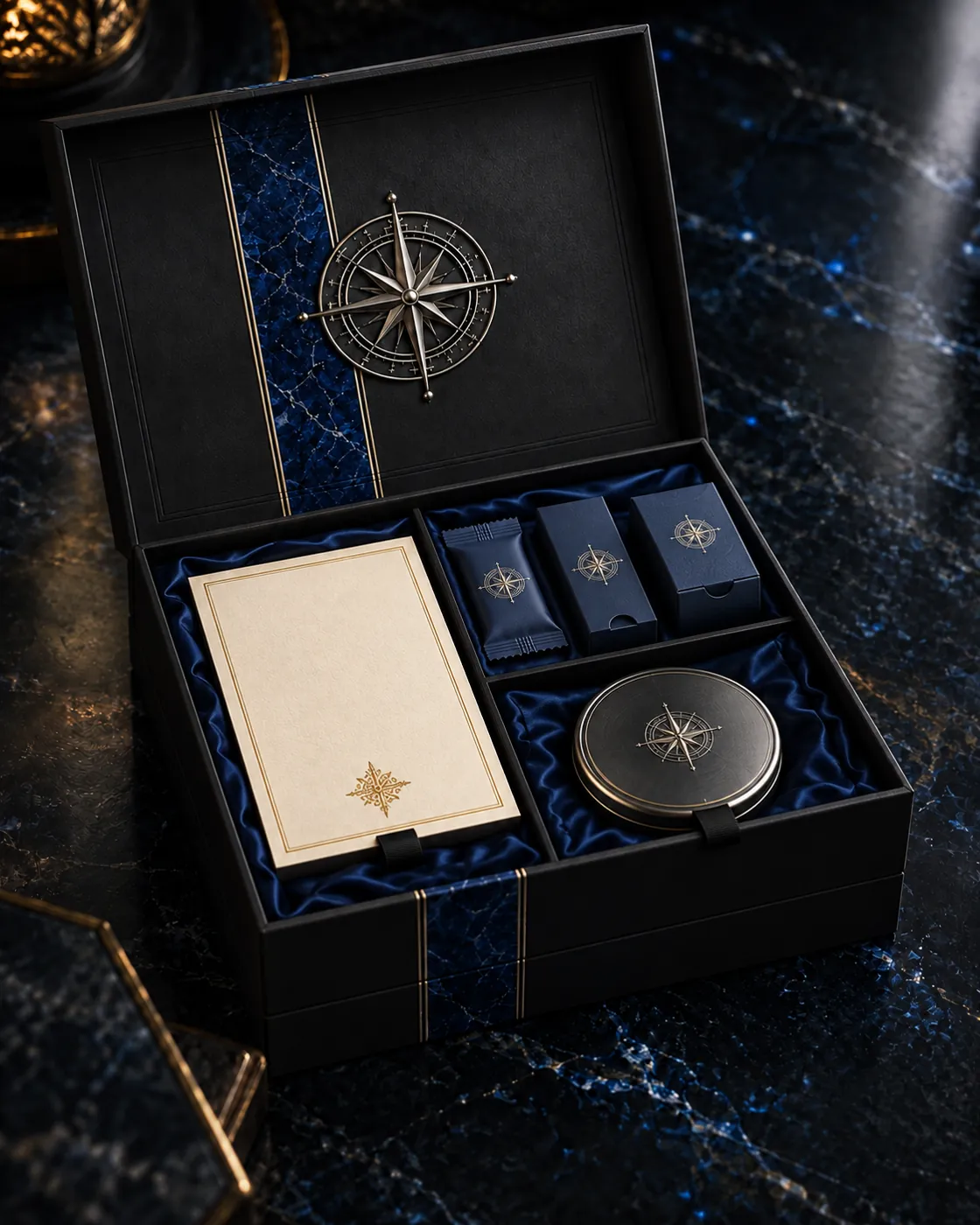 Open-box concept mockup showing an ivory card, three small sealed tasting packages, and a larger closed presentation tin arranged within the matte black box