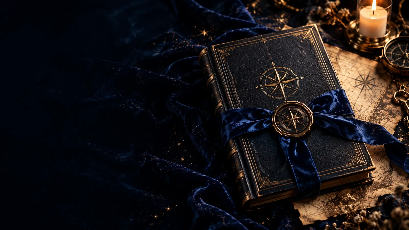 A black leather-bound adventure journal with a sapphire ribbon and compass seal beside candlelit parchment